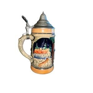 Vintage German Beer Stein with Pewter Lid –Hand-Painted Relief – Made in Germany